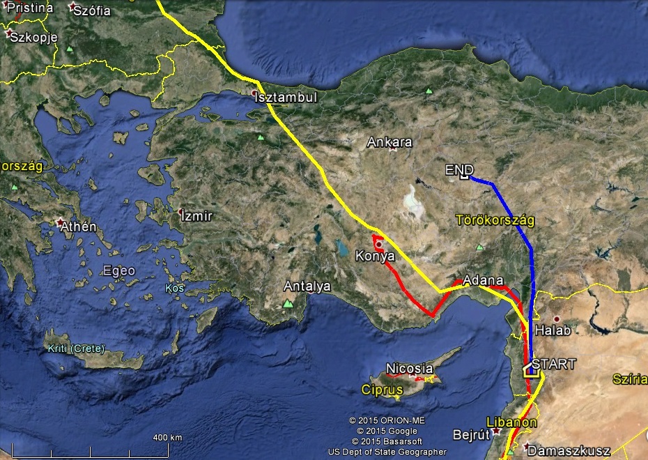 Dalma (kékkel jelölve) a többiektől nagyon eltérő úton halad Törökországban hazafelé, Veca (sárgával jelölve) és Varbó (pirossal jelölve) szokásos útvonalon haladtak