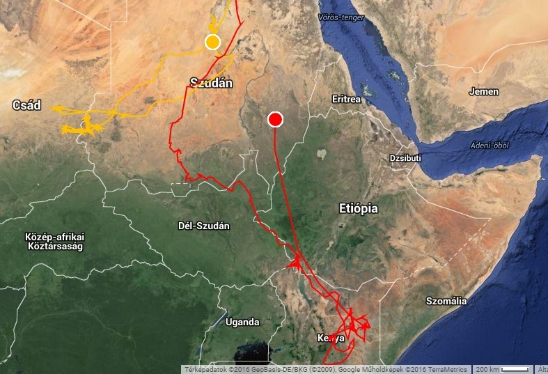 Garam (pirossal jelölve) és Bátony (sárgával jelölve) már Szudánban (forrás: satellitetracking.eu)