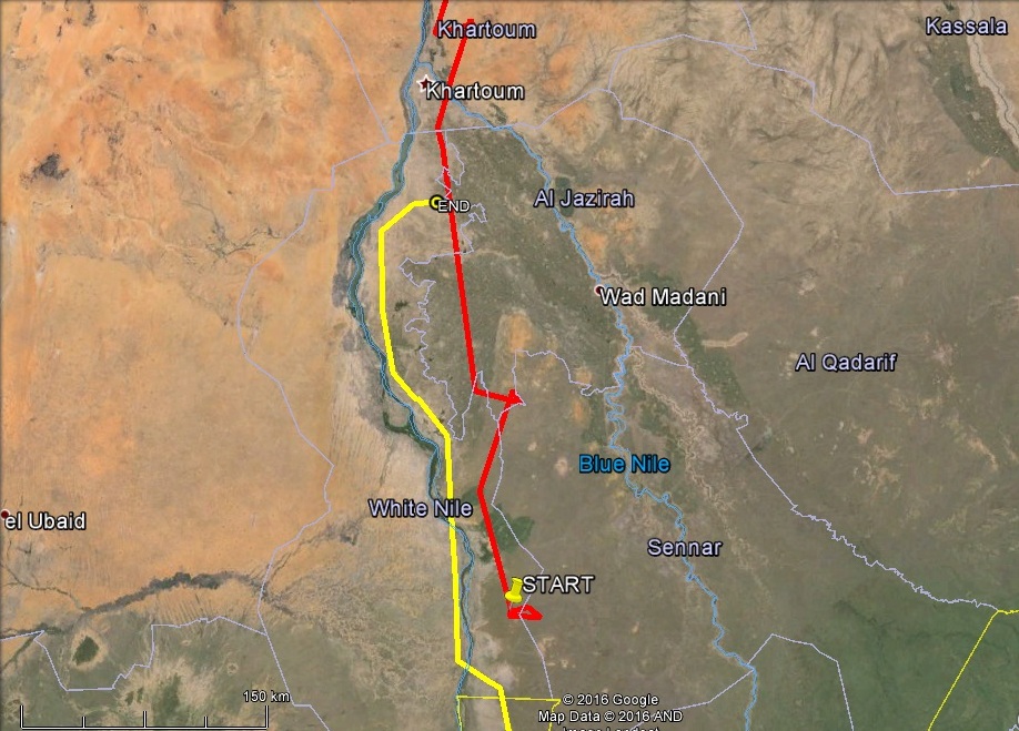 Gyöngyvirág (sárga) a Fehér- és Kék-Nílus közti termékeny síkon, mellette Veca indulási helyzete (piros)